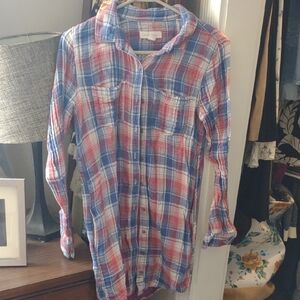 Treasure & Bond Red and Blue Plaid Flannel Shirt Dress 100% Cotton